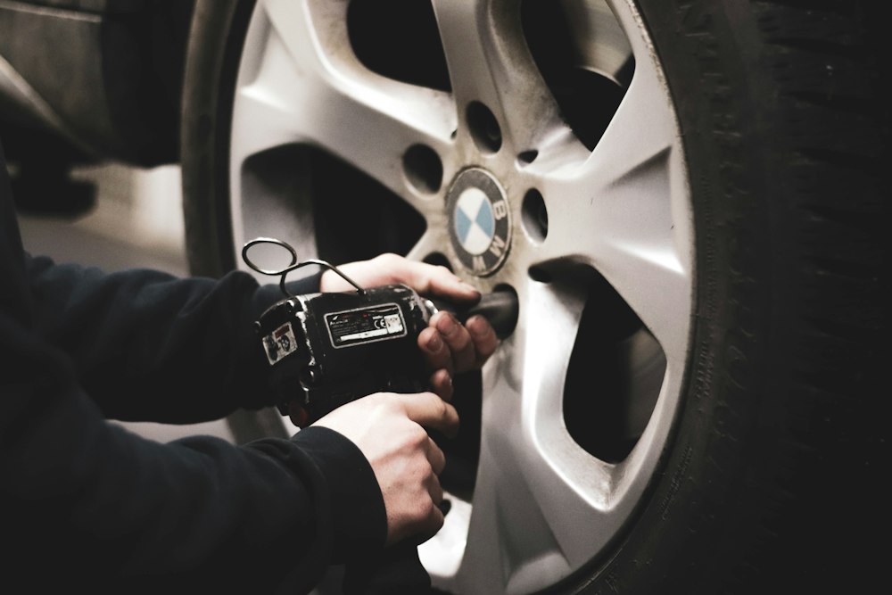 Brake work on a driveway, wheel off