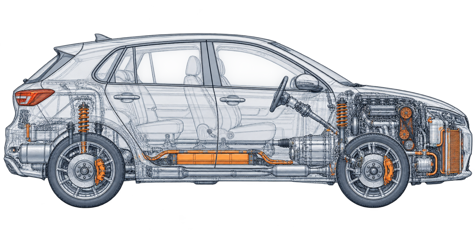 Cutaway drawing of a hatchback showing the engine, gearbox, brakes, suspension and cooling system